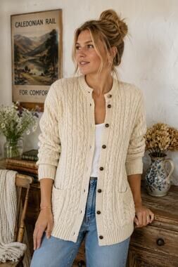 Vintage Cladyknit Irish Wool Fisherman Cardigan Sweater Medium